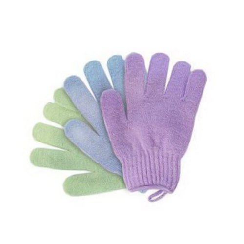 Assorted Pure Body Naturals exfoliating wash gloves for bath and body, three-piece set with textured surface for gentle skin exfoliation.