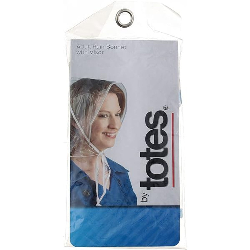 Adult Raines Totes rain bonnet with visor, waterproof rain protection, shown in bright yellow with adjustable strap.