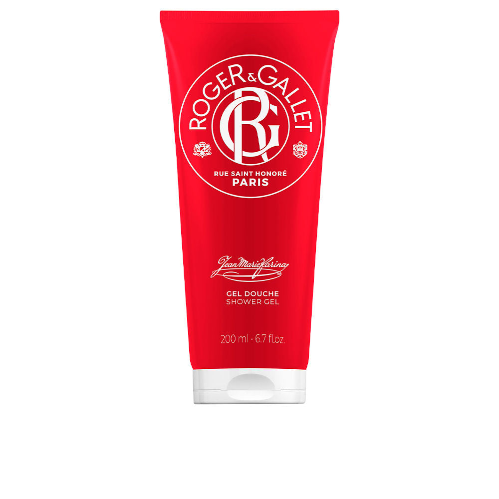 Roger & Gallet Jean Marie Farina shower gel in a 200 ml bottle, featuring a clear, fragrant liquid for bath and body use.
