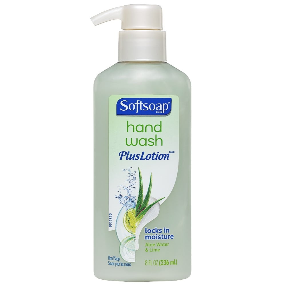 Softsoap Hand Wash Plus Lotion with Aloe Water & Lime, a gentle bath and body product in a clear pump bottle.