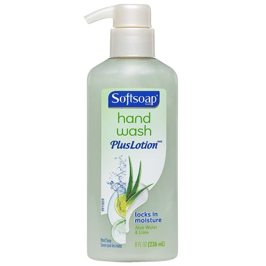 Softsoap Hand Wash Plus Lotion with Aloe Water & Lime, a gentle bath and body product in a clear pump bottle.