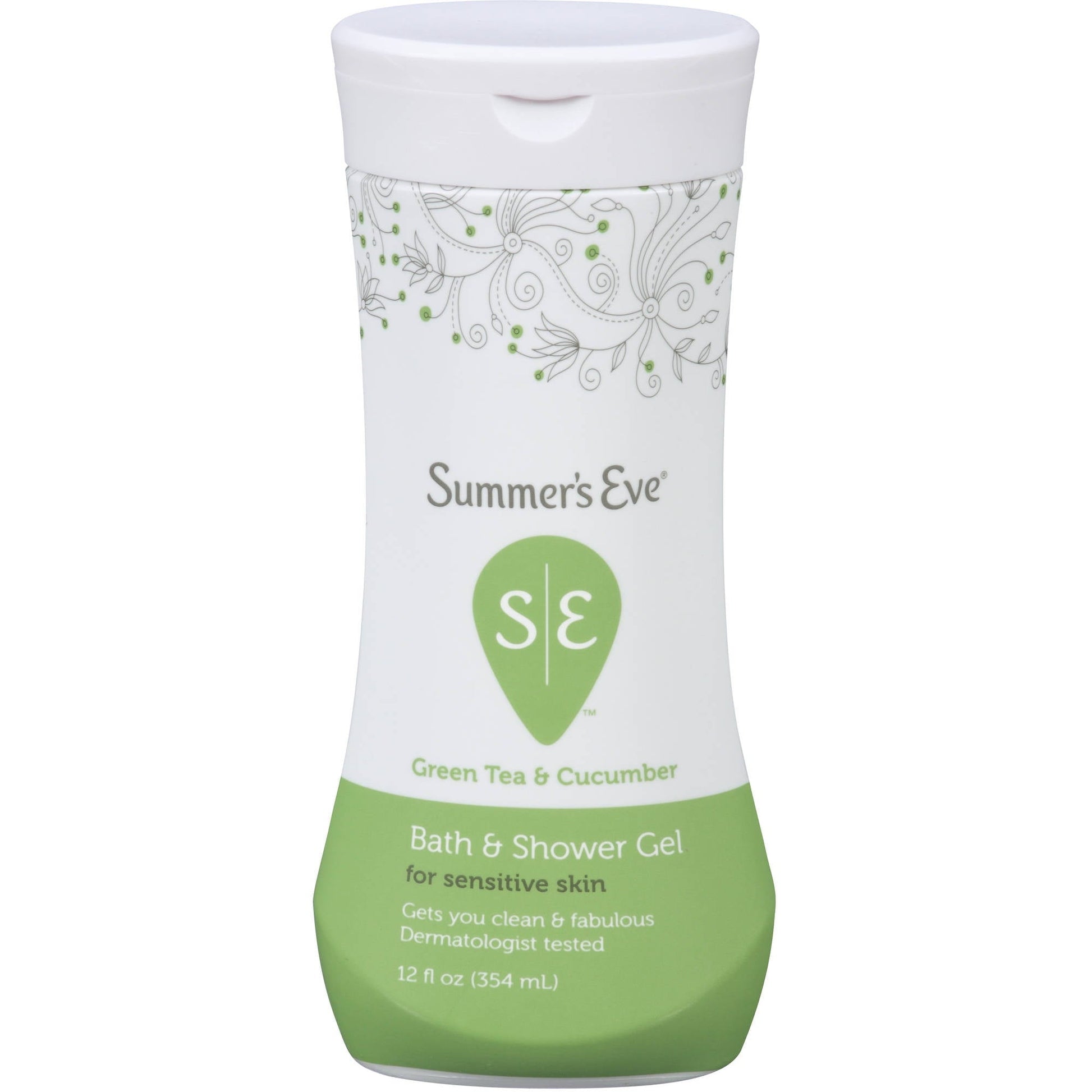 Summer's Eve bath and shower gel for sensitive skin with green tea and cucumber, 12 oz bottle, gentle bath and body product.