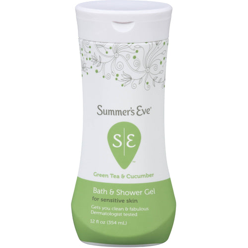 Summer's Eve bath and shower gel for sensitive skin with green tea and cucumber, 12 oz bottle, gentle bath and body product.