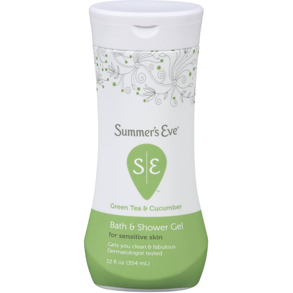 Summer's Eve bath and shower gel for sensitive skin with green tea and cucumber, 12 oz bottle, gentle bath and body product.
