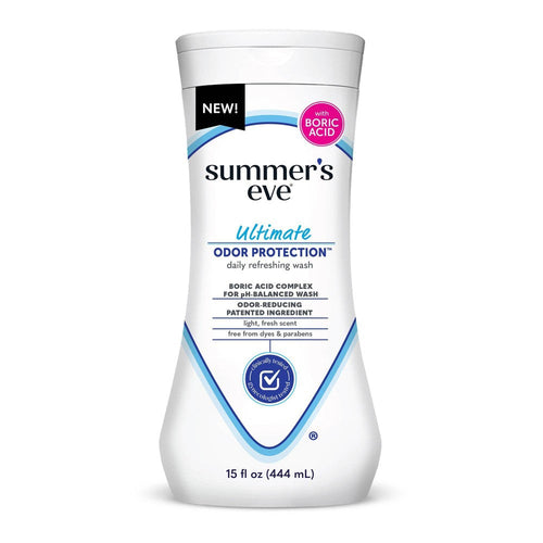 Summer's Eve Daily Refreshing Wash for odor protection in a 15 oz bottle, gentle bath and body hygiene product.