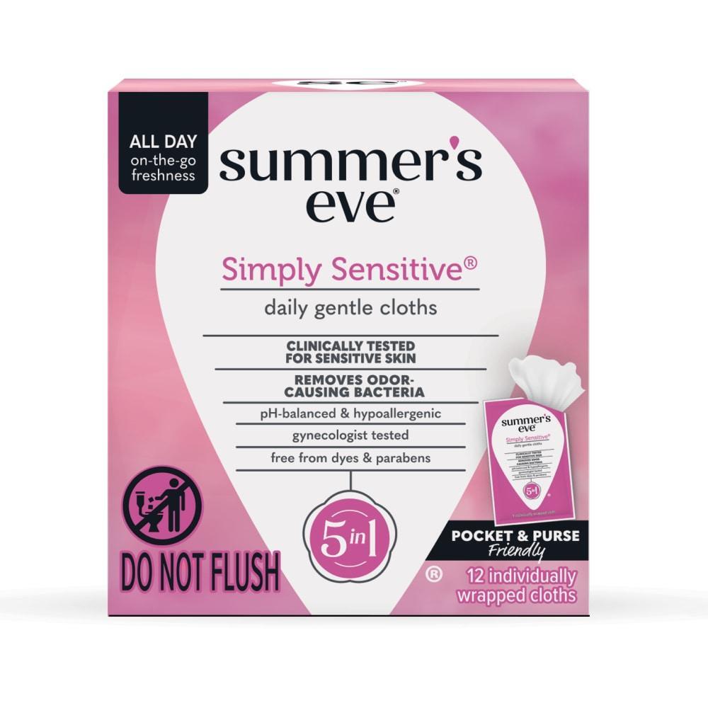Summer's Eve Simply Sensitive feminine wipes in packaging, designed for daily freshness and odor removal, pH balanced for sensitive skin.