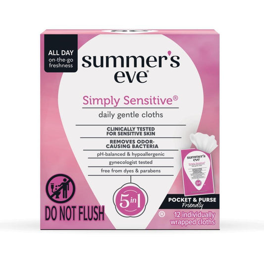 Summer's Eve Simply Sensitive feminine wipes in packaging, designed for daily freshness and odor removal, pH balanced for sensitive skin.
