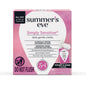 Summer's Eve Simply Sensitive feminine wipes in packaging, designed for daily freshness and odor removal, pH balanced for sensitive skin.