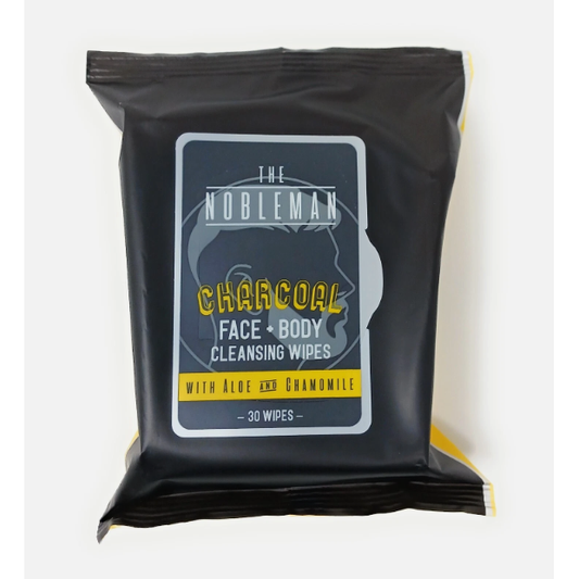 Pasteur Pharmacy The Nobleman charcoal face and body cleansing wipes, bath and body product, showing wipes with charcoal ingredients.