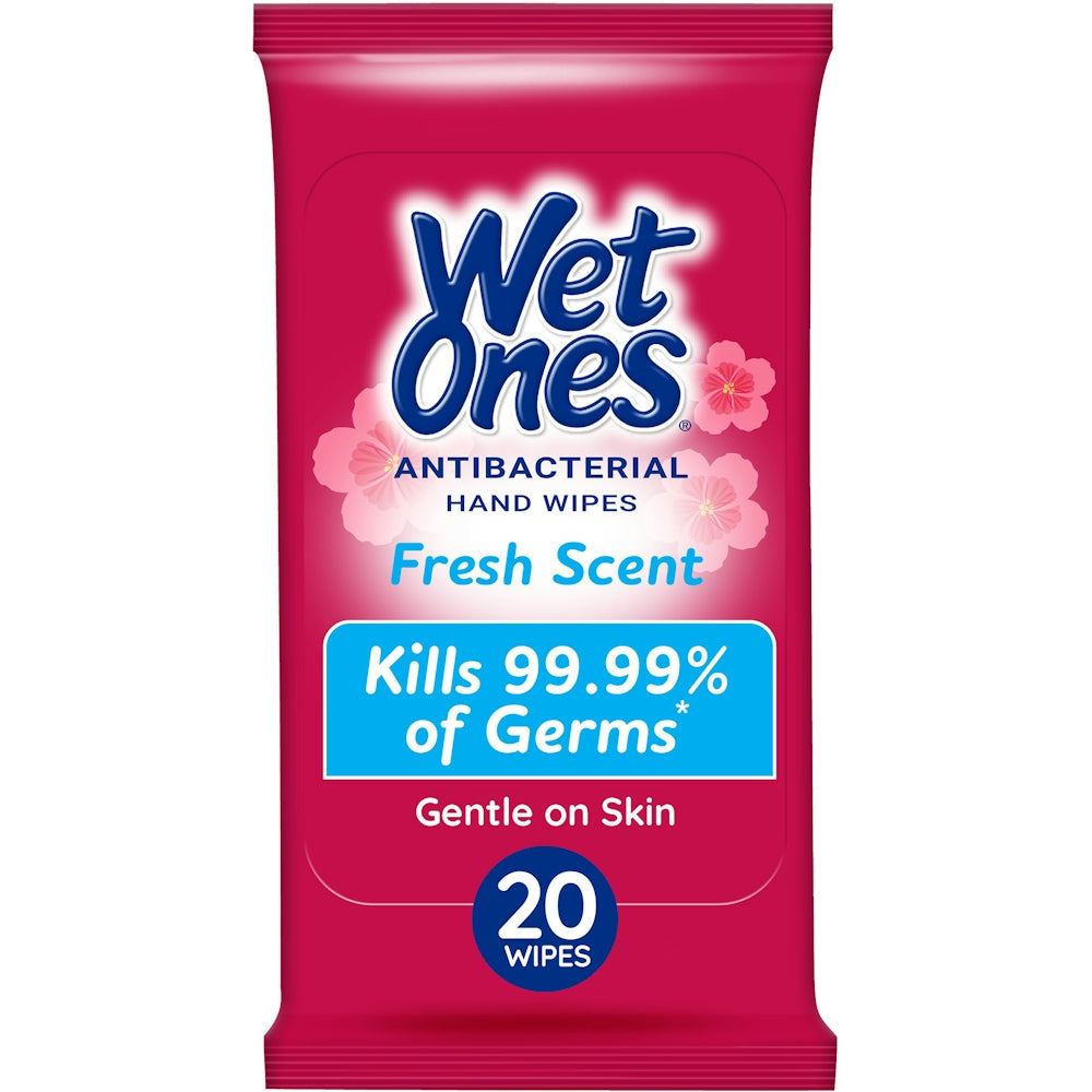 Travel pack of Wet Ones antibacterial hand wipes by Pasteur Pharmacy, fresh scent, 20 moist towelettes for on-the-go hand cleaning.