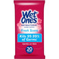 Travel pack of Wet Ones antibacterial hand wipes by Pasteur Pharmacy, fresh scent, 20 moist towelettes for on-the-go hand cleaning.