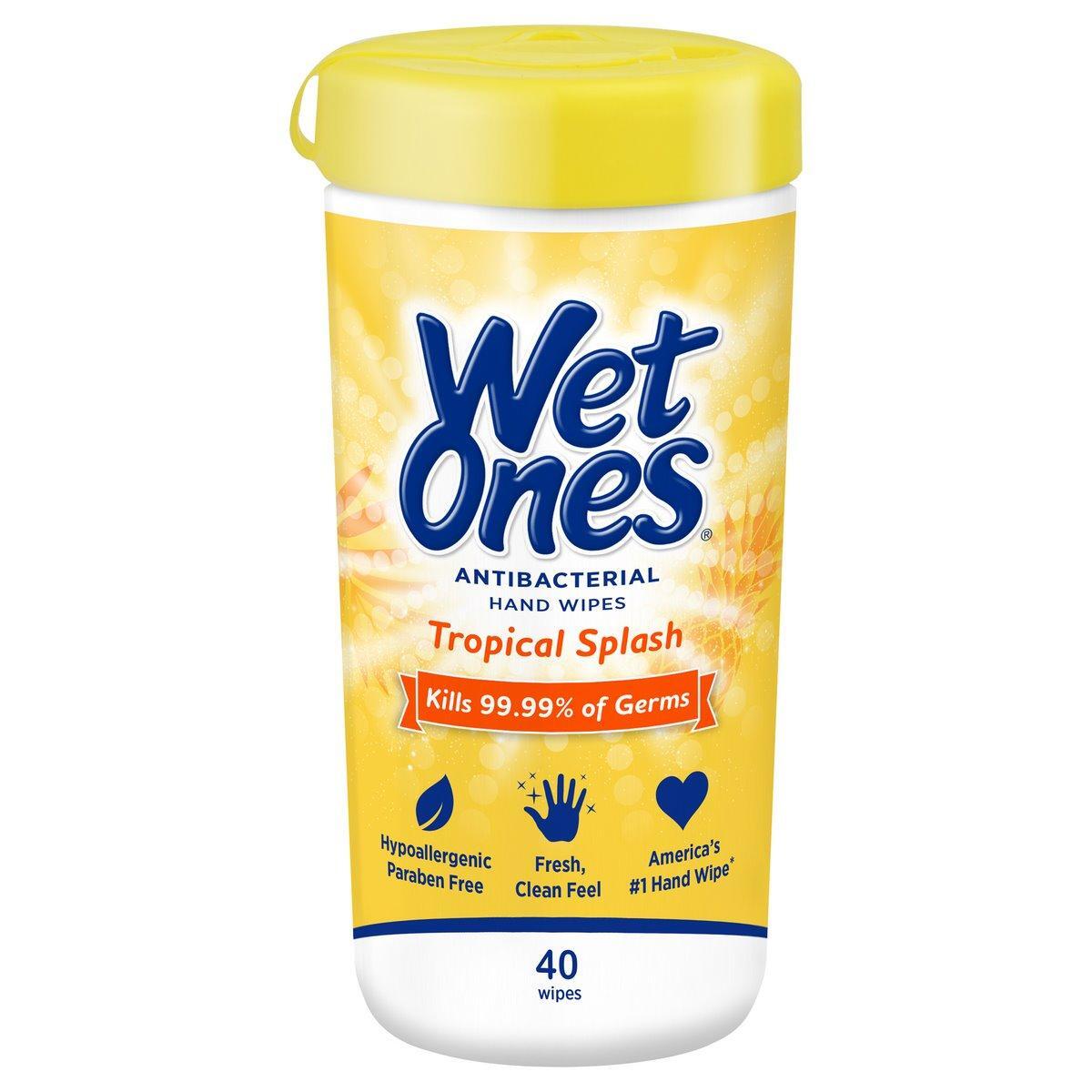 Wet Ones antibacterial hand wipes in Tropical Splash scent, 40-count canister, featuring soft, moist wipes for hand cleaning.