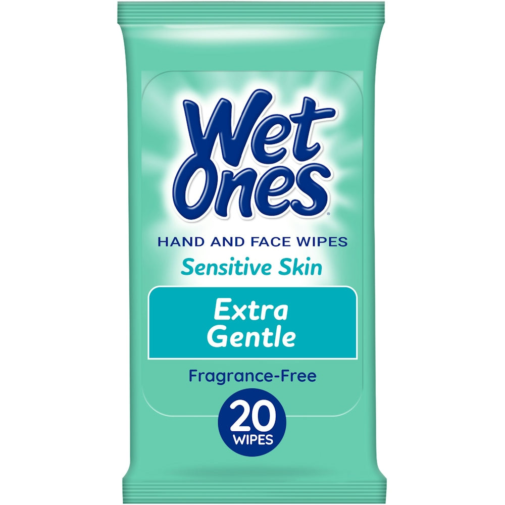 Wet Ones Sensitive Skin Hand Wipes Travel Pack by Pasteur Pharmacy, fragrance-free, 20-count, for gentle hand cleaning on the go.