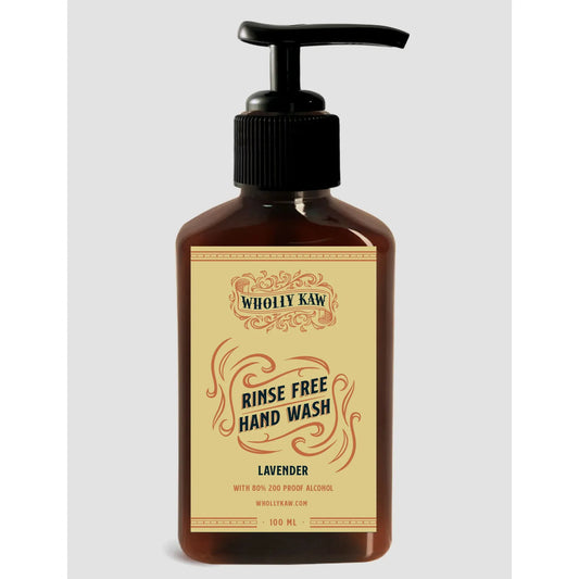 Wholly Kaw Lavender rinse-free hand wash in 4 oz bottle, bath and body product with lavender scent, displayed in the image.