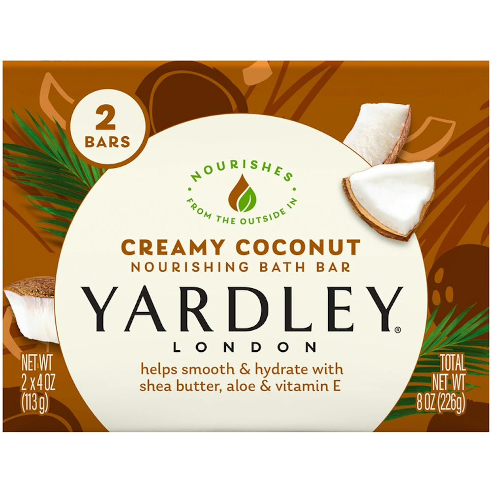 Yardley London Creamy Coconut Bath Bars in a 2-pack, ultra-hydrating bath and body soap with creamy coconut scent.