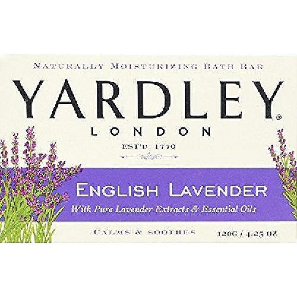 Four Yardley London English Lavender bar soaps with essential oils, 4 oz each, shown in a multi-pack for bath and body use.