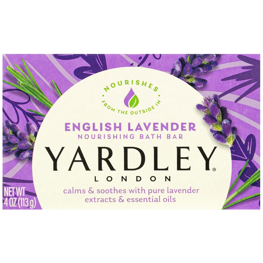 Yardley London English Lavender Bath Bar with essential oils, 4 oz, natural soap featuring lavender fragrance and floral packaging