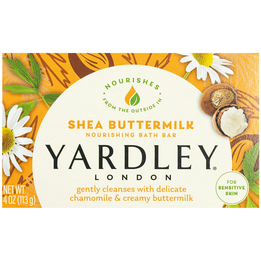 Yardley London Shea Buttermilk Sensitive Skin Bath Bar Soap, gentle soap bar with shea butter for sensitive skin, displayed on a white background.