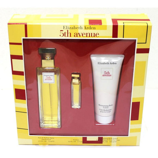 Elizabeth Arden 5th Avenue luxury bath and body gift set for women, includes three elegant products in a stylish packaging.
