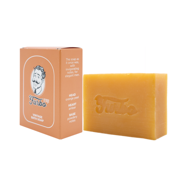 Furbo Orange Vintage Bath Soap by Pasteur Pharmacy, 100g, with vibrant orange soap bar and vintage packaging design.