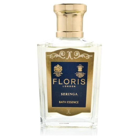Florist London Seringa Bath Essence for Women, 1.7 oz, in a clear bottle with elegant floral label, designed for relaxing bath experience.