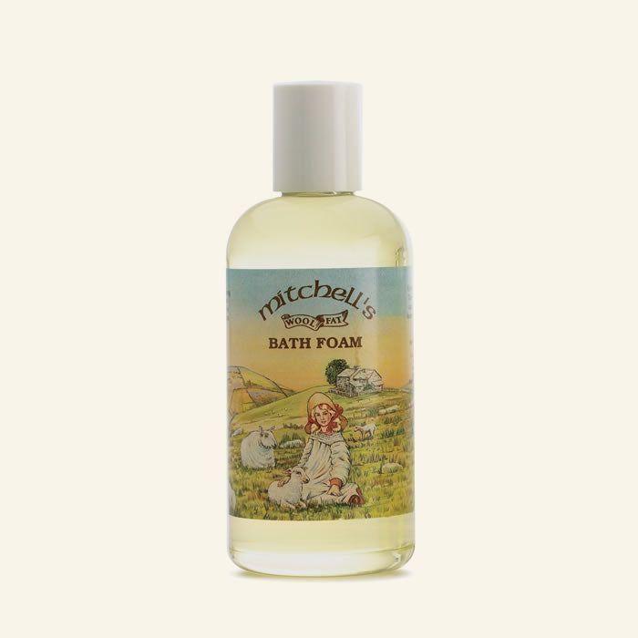 Mitchell's Wool Fat Country Scene Bath Foam by Pasteur Pharmacy in a 5 oz bottle, showing the foam and country scene label.