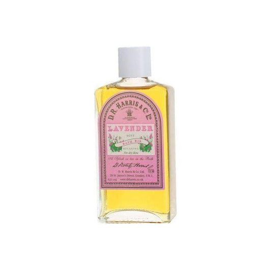 D. R. Harris & Co Lavender Bath Oil 100ml in a clear glass bottle with lavender-colored label, designed for a relaxing bath experience.