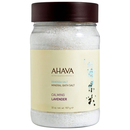 Ahava Dead Sea Salt mineral bath salt with calming lavender, 32 oz, natural relaxation and skin soothing bath product.