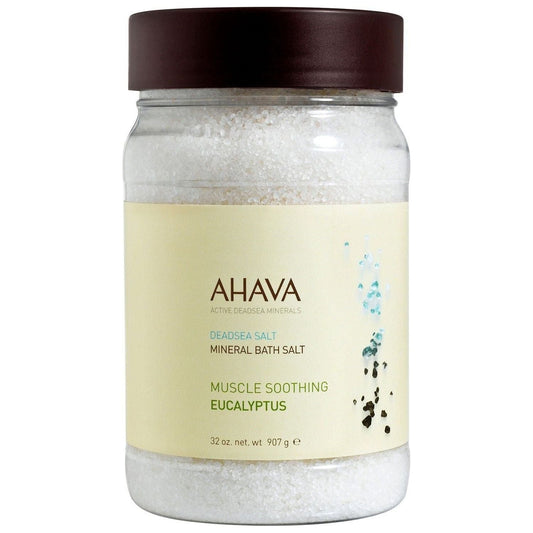 Ahava Dead Sea Salt mineral bath salt with eucalyptus, 32 oz, for muscle soothing and relaxation in a natural, textured salt form.