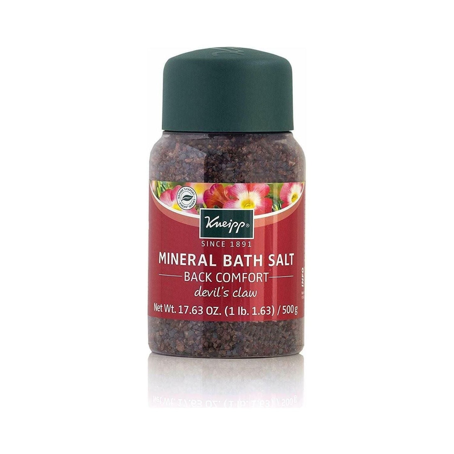 Kneipp Back Comfort Mineral Bath Salt in 17.63 oz package, natural bath salt designed for soothing back pain relief and relaxation.