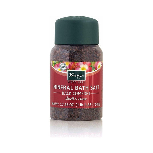 Kneipp Back Comfort Mineral Bath Salt in 17.63 oz package, natural bath salt designed for soothing back pain relief and relaxation.