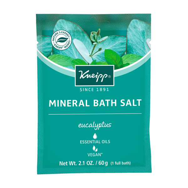 Kneipp Eucalyptus Mineral Bath Salts in 2.1 oz package, with eucalyptus and mineral crystals for relaxing bath soak.