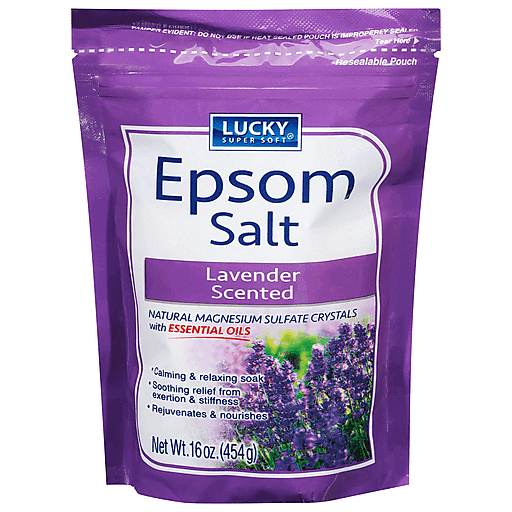 Lavender scented Lucky Super Soft Epsom Salt for bath relaxation, 16 oz, by Pasteur Pharmacy.