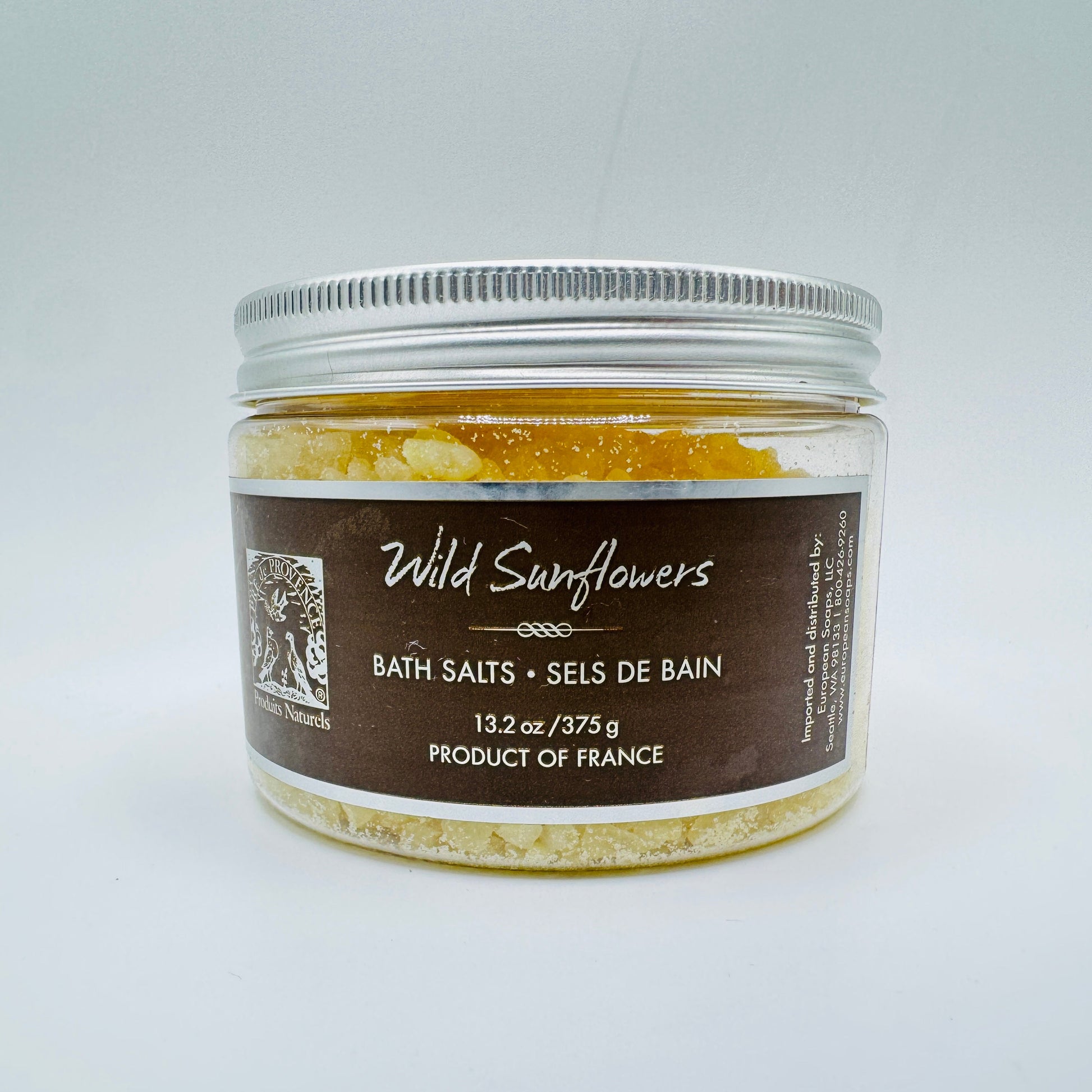 Pre de Provence Wild Sunflowers Bath Salts in 13.2 oz container, showcasing natural floral scent and relaxing bath product.