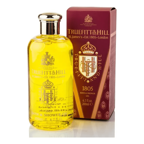 Truefitt & Hill 1805 Bath & Shower Gel in 6.7 oz bottle, creamy texture and elegant packaging, ideal for luxurious shower experience.