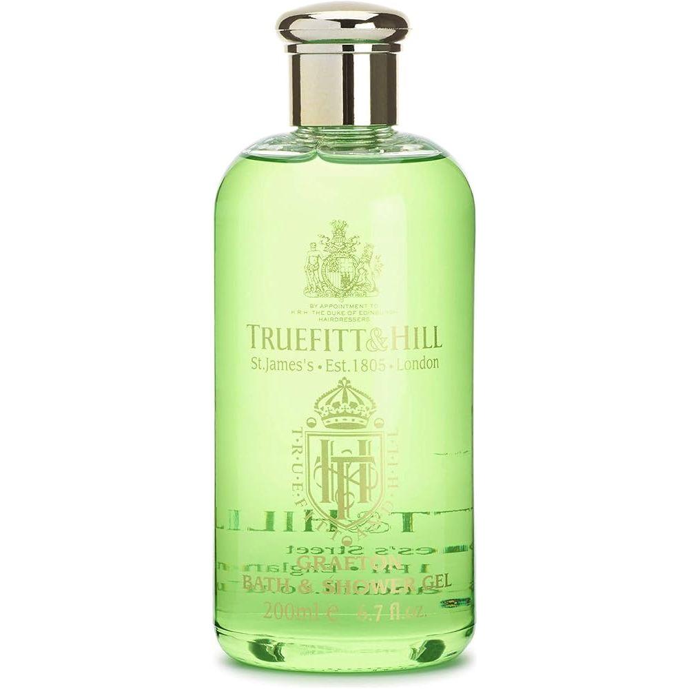 Truefitt & Hill Grafton Bath & Shower Gel in 6.7 oz bottle, rich lather with masculine scent, from Pasteur Pharmacy.