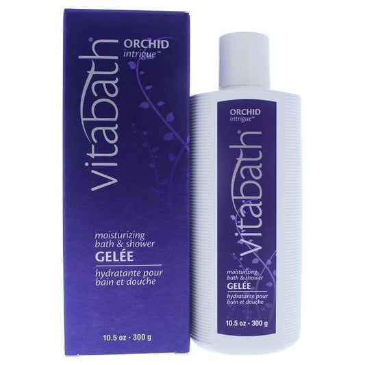 Vitabath Orchid Intrigue Moisturizing Bath & Shower Gel in 10.5 fl oz bottle, featuring floral fragrance and hydrating formula.