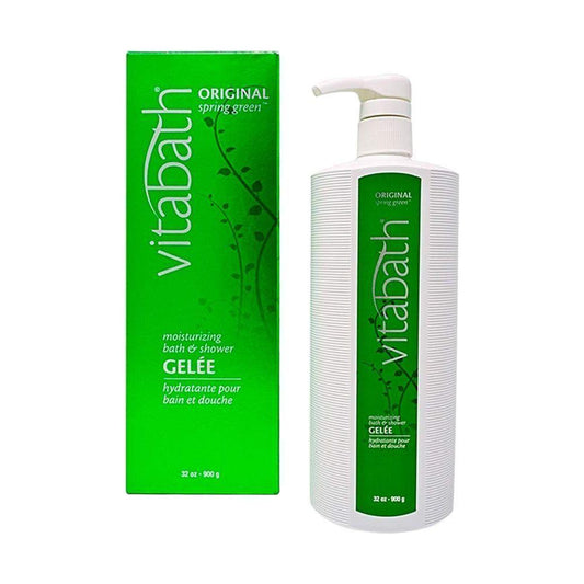 Vitabath Original Spring Green moisturizing bath and shower gel in a 32 oz bottle, featuring a vibrant green liquid.