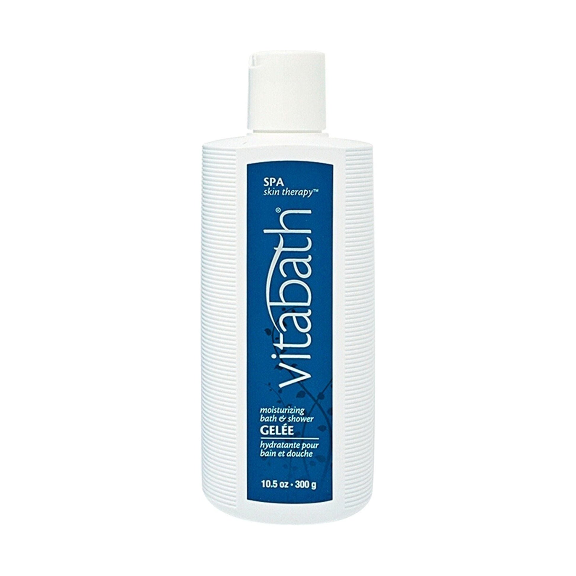 Pasteur Pharmacy Vitabath Spa Skin Therapy moisturizing bath and shower gel in 10.5 oz bottle, creamy texture, and label details visible.