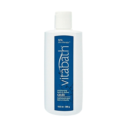 Pasteur Pharmacy Vitabath Spa Skin Therapy moisturizing bath and shower gel in 10.5 oz bottle, creamy texture, and label details visible.