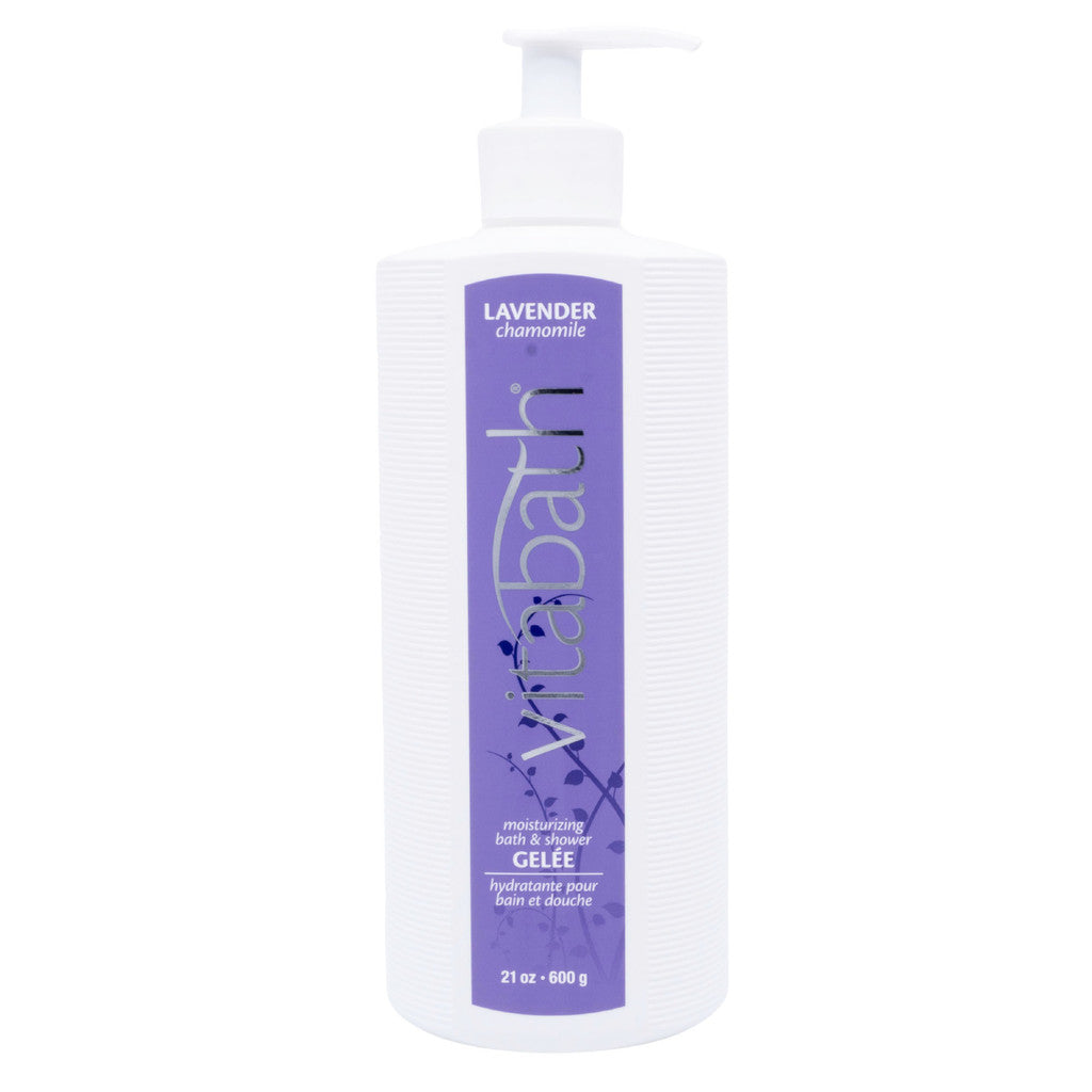 Lavender Chamomile Moisturizing Bath & Shower Gelee by Vitabath in a 21 oz bottle, with a lavender and chamomile scent.