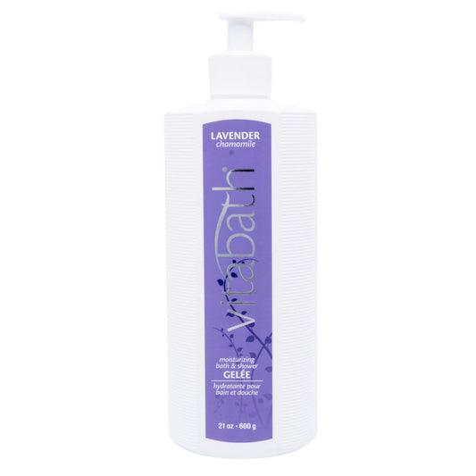 Lavender Chamomile Moisturizing Bath & Shower Gelee by Vitabath in a 21 oz bottle, with a lavender and chamomile scent.