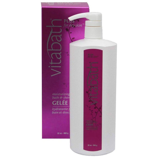 Pasteur Pharmacy Vitabath Moisturizing Bath & Shower Gelee for dry skin, 32 oz bottle, with clear label and cap.