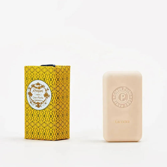Claus Porto Lavande Bath Soap 150g with lavender scent, featuring a rectangular bar wrapped in elegant packaging.