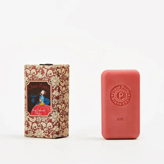 Claus Porto Smart Rosa bath soap in 150g with pink rose scent, displayed with its elegant packaging.