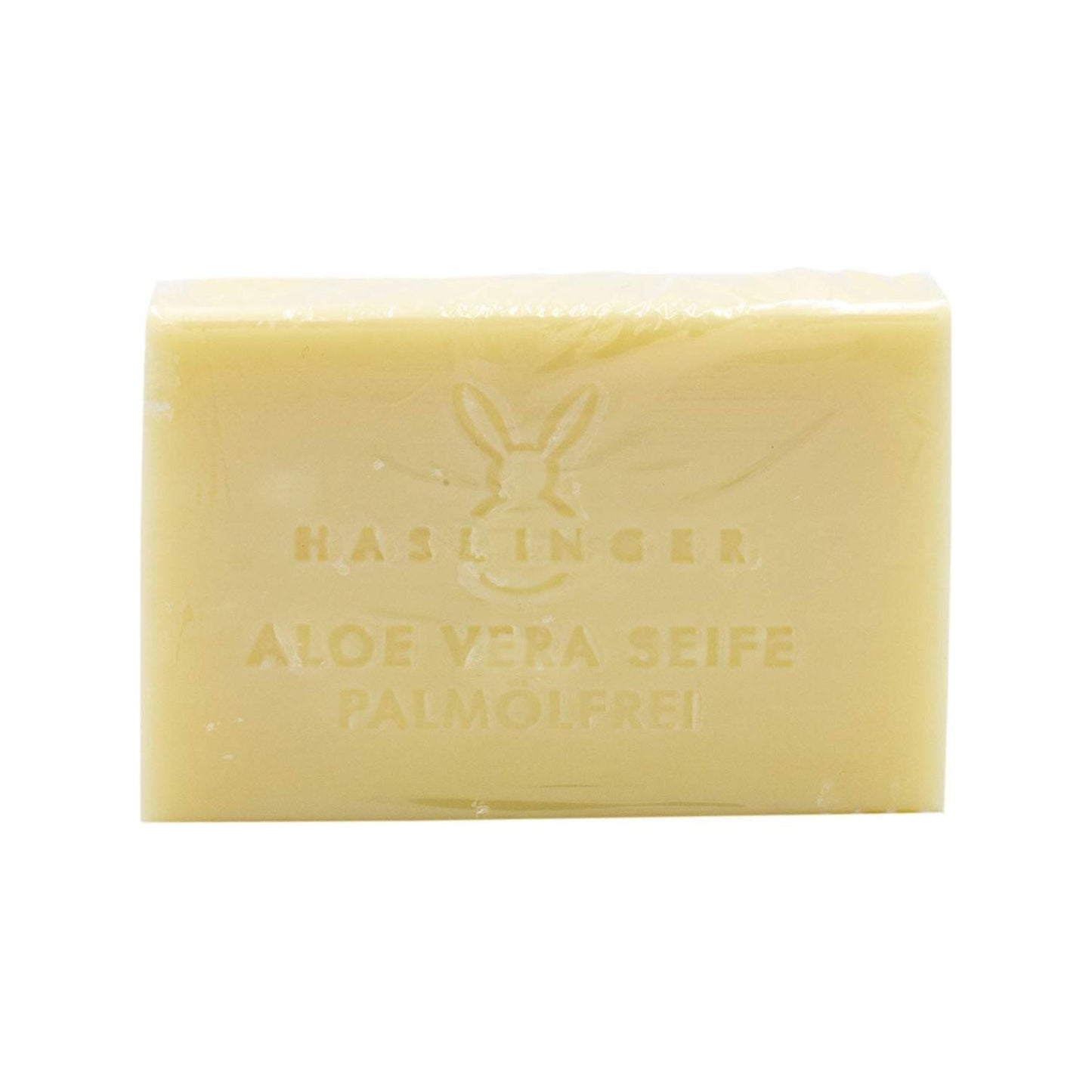 Haslinger Aloe Vera Bath Soap 100g, natural bath soap with soothing aloe vera, shown in a clear bar with packaging.