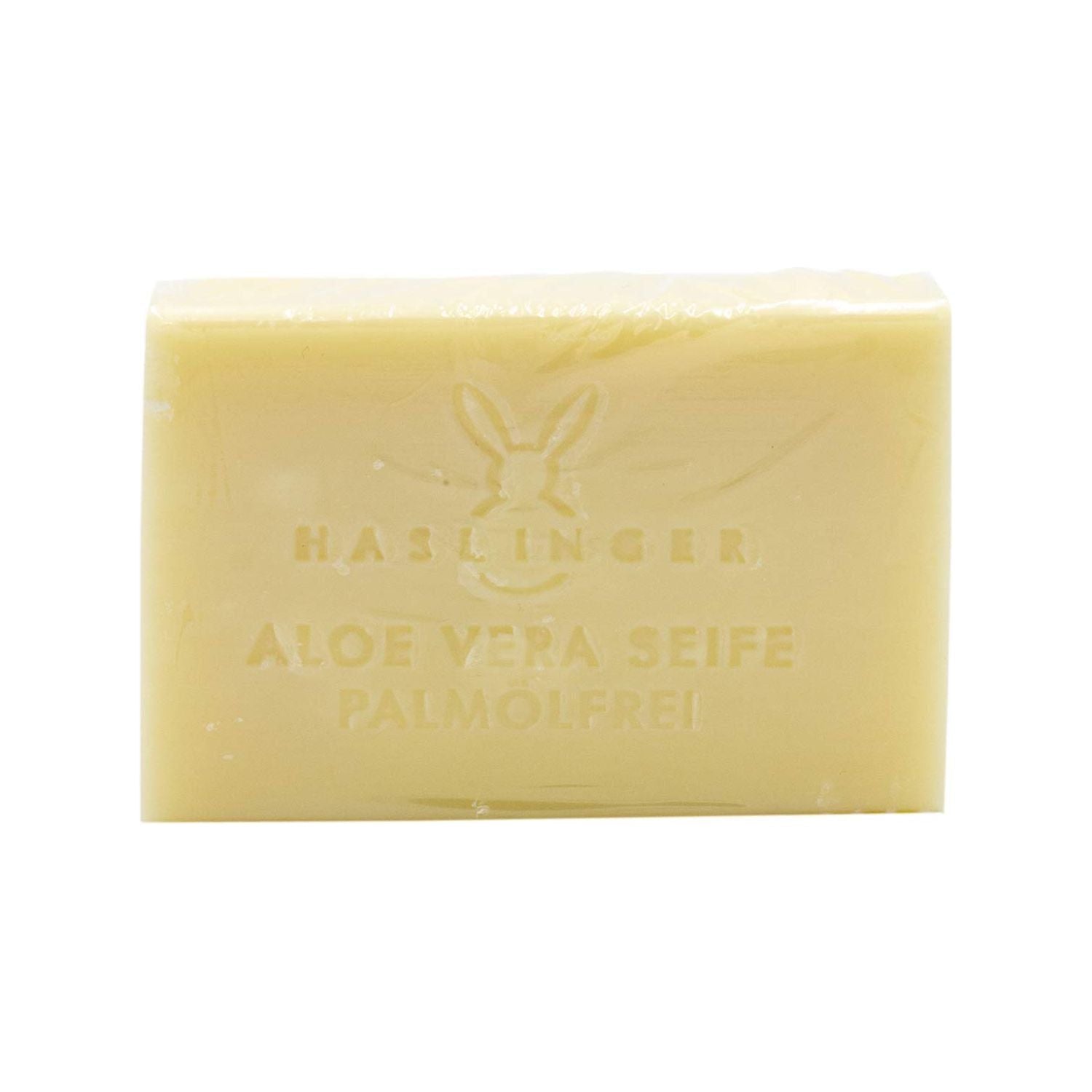 Haslinger Aloe Vera Bath Soap 100g, natural bath soap with soothing aloe vera, shown in a clear bar with packaging.