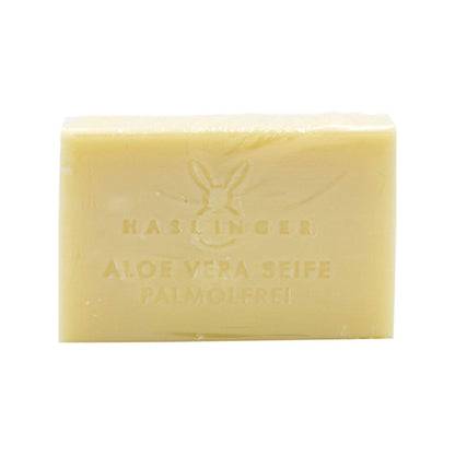 Haslinger Aloe Vera Bath Soap 100g, natural bath soap with soothing aloe vera, shown in a clear bar with packaging.