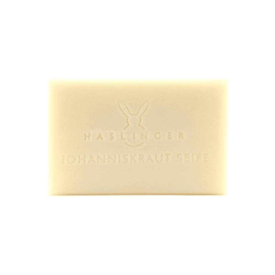 Haslinger Johannis herbs bath soap by Pasteur Pharmacy, 100g, featuring natural Johanniskraut herbs for soothing skin.