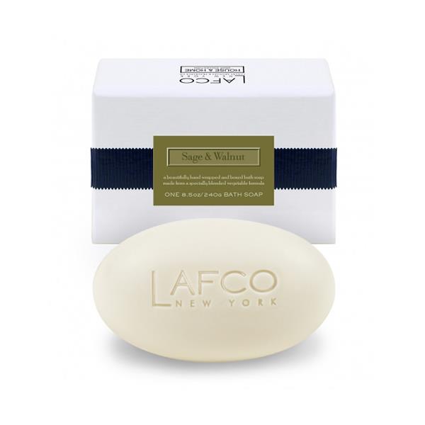 Lafco New York Sage & Walnut Bath Soap 8.5oz featuring a soap bar with sage and walnut scent, textured surface, and elegant packaging.